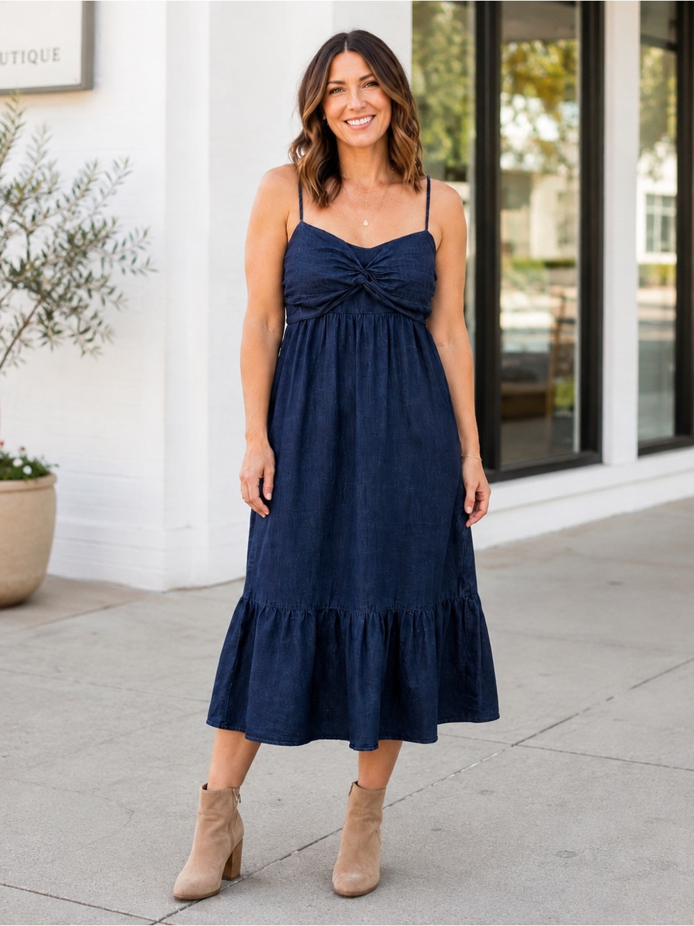 Banana Republic Indigo Twist Front Midi Dress Size 12 Tiered Hem